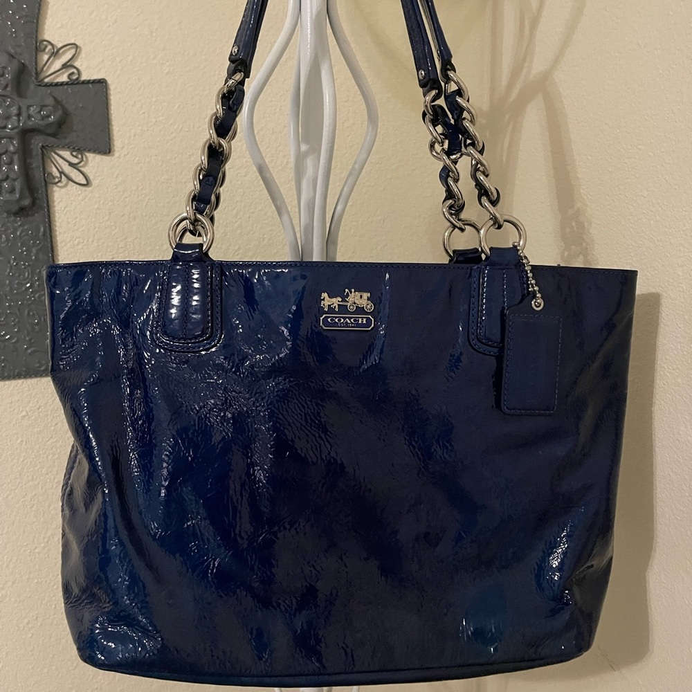 Coach Dark blue liquid Patent leather tote handbag